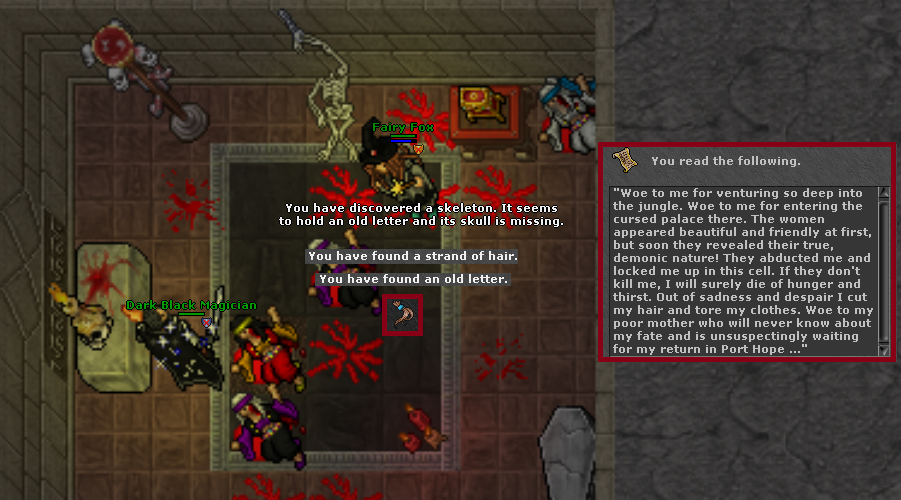 Jogadores pegando o Strand of Hair e a Old Letter