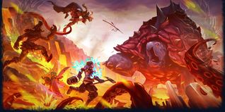 Viagem Perigosa - Update 12.90 - Verão 2022 Na ilustração podemos ver: Personagens usando o Fire-Fighter Outfits e lutando contra o boss The Primal Menace.